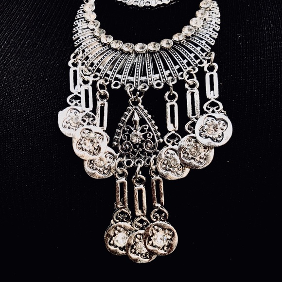 Boho Silver & Turquoise Tassel Choker Necklace - Picture 3 of 7